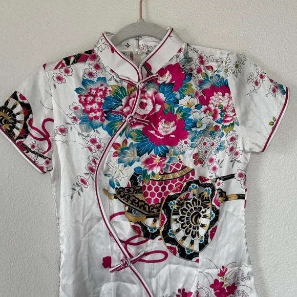 Asian Style TUNIC DRESS 100% Silk Fan Floral Pattern Made In Vietnam XS S M - Picture 3 of 11